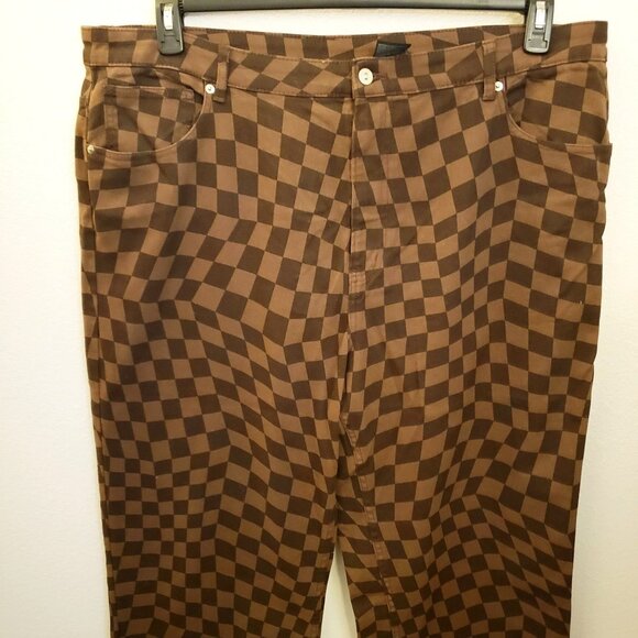 H&M Brown Checkered Denim Slit Hem Jean Straight Leg Pants Size XXL EUC - Picture 2 of 9